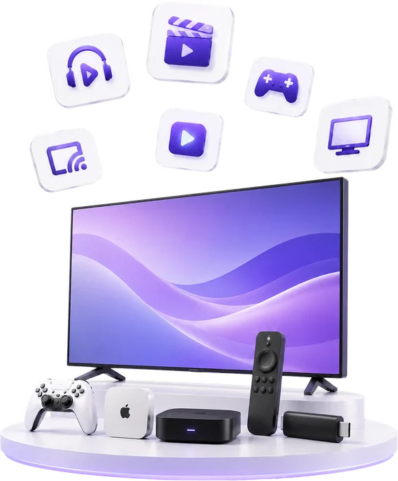 Connected TV with streaming devices under floating content icons: a game controller, streaming boxes, a stick and a remote