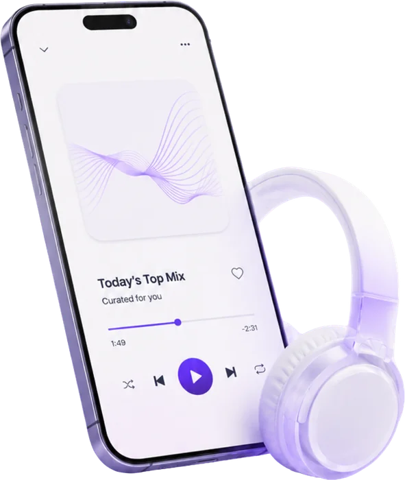 Smartphone playing a music mix next to wireless headphones