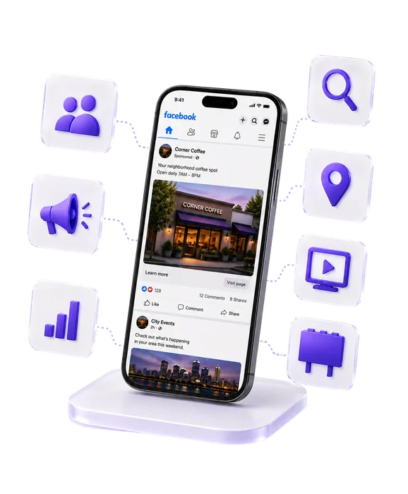 Smartphone showing a sponsored Facebook post surrounded by marketing icons