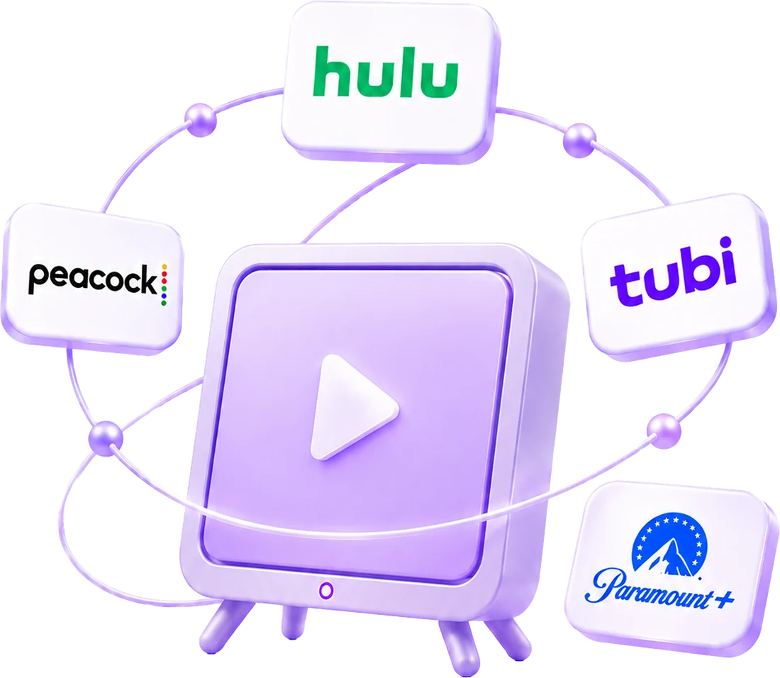 Streaming TV surrounded by Hulu, Peacock, Tubi and Paramount+ logos