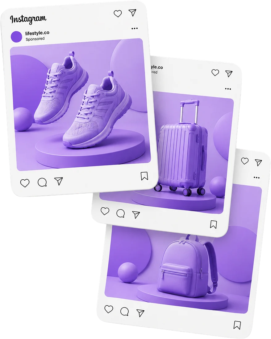 Stack of styled social media ad creatives featuring product photography