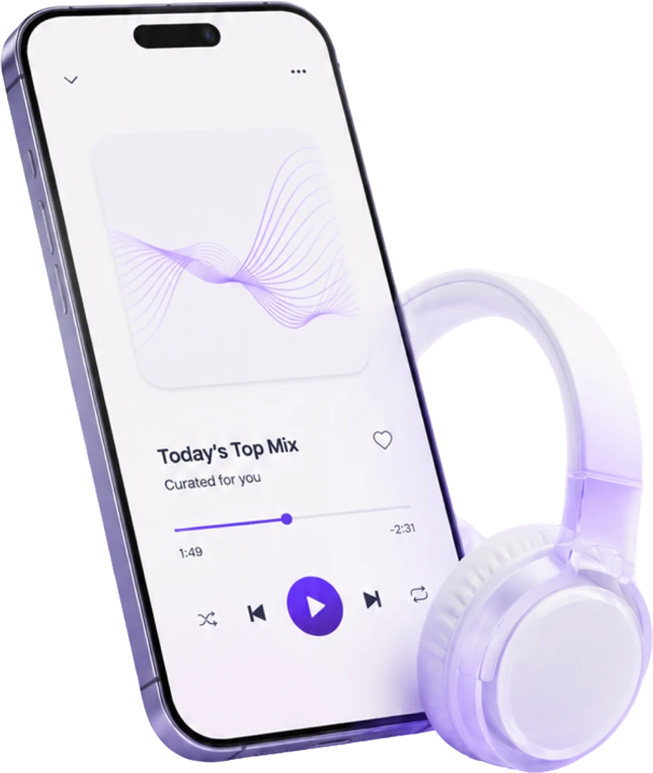 Smartphone playing a music mix next to a pair of wireless headphones