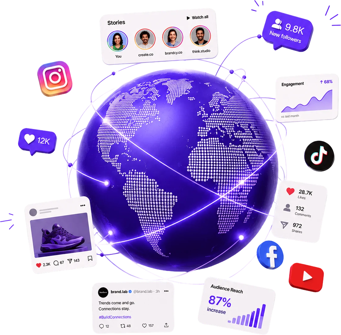 Globe surrounded by Instagram, TikTok, Facebook and YouTube posts with engagement metrics