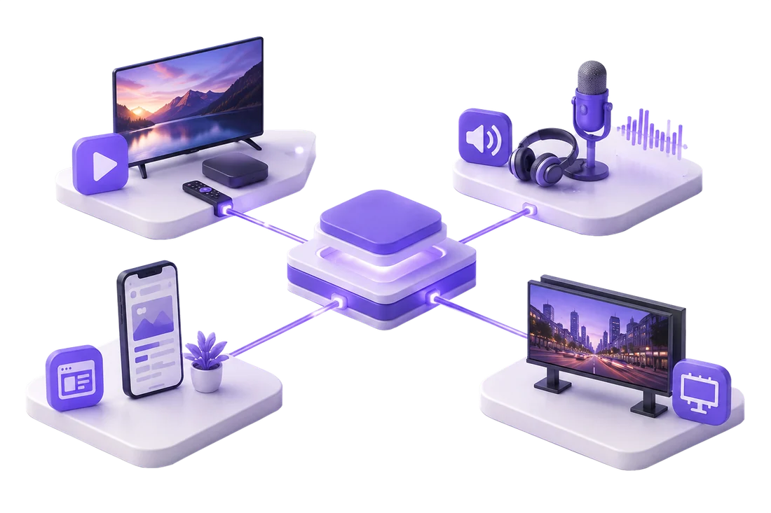 Network of connected screens: TV, smartphone, audio, and digital displays linked to one hub