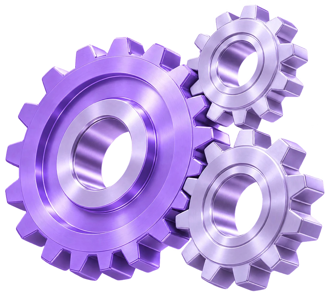 Three interlocking metallic gears in purple and silver, representing the moving parts behind a marketing campaign