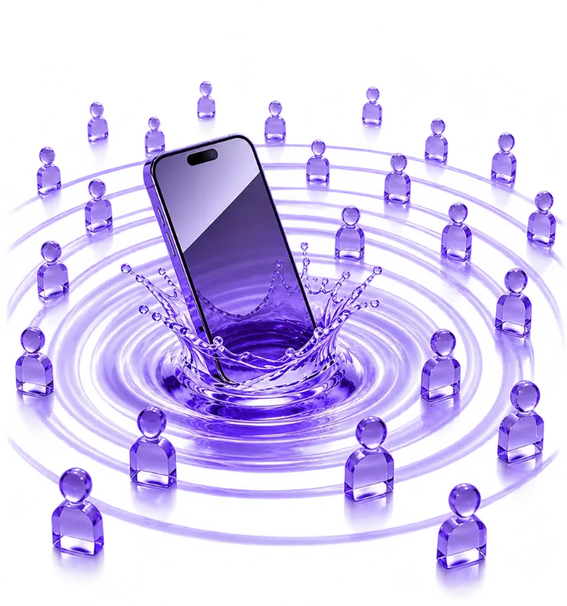 A smartphone making a splash, with an audience of people gathered around the ripples